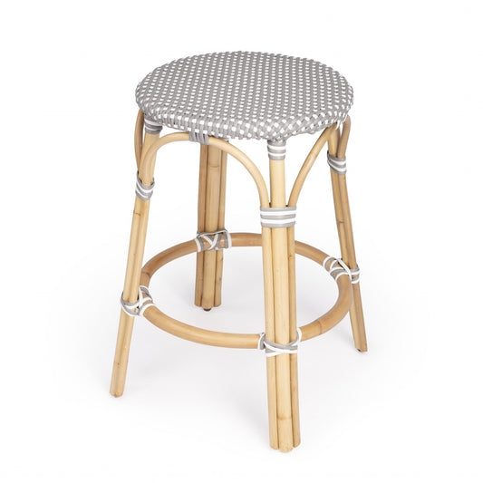 24" Grey And Natural Rattan Backless Counter Height Bar Chair With Footrest
