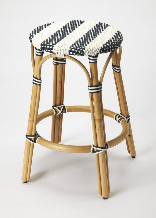 24" Blue And Natural Rattan Backless Counter Height Bar Chair With Footrest