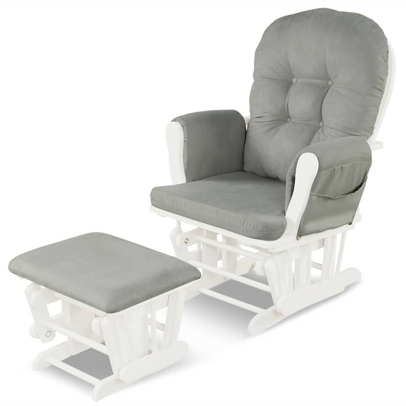 Wood Nursery Glider Chair & Ottoman Set Nursery Rocking Chair Glider Rocker with Padded Cushion & Storage Pocket
