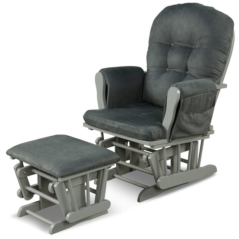 Wood Nursery Glider Chair & Ottoman Set Nursery Rocking Chair Glider Rocker with Padded Cushion & Storage Pocket