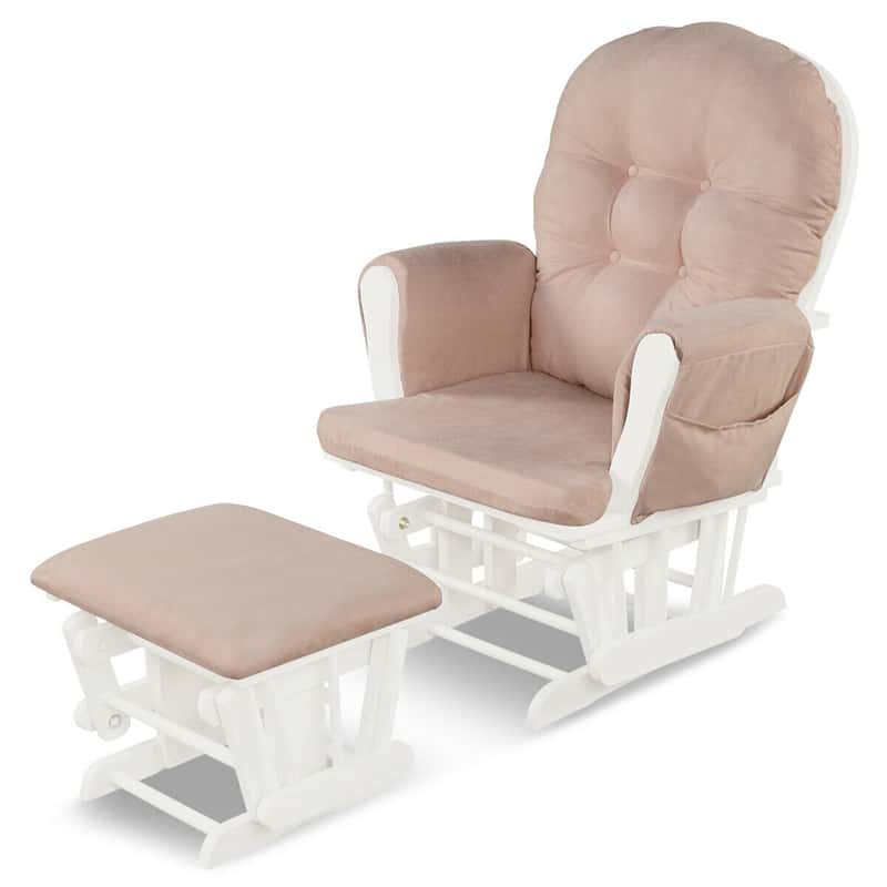Wood Nursery Glider Chair & Ottoman Set Nursery Rocking Chair Glider Rocker with Padded Cushion & Storage Pocket