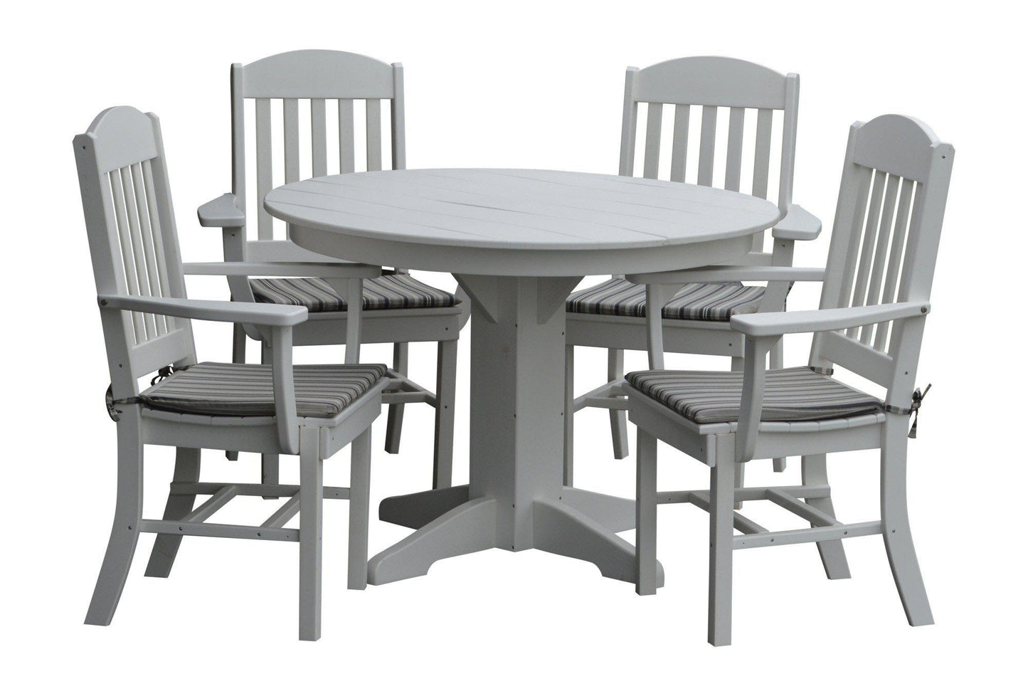 A&L Furniture Recycled Plastic Round Table with Classic Dining Chairs w Arms 5 Piece Dining Set - White