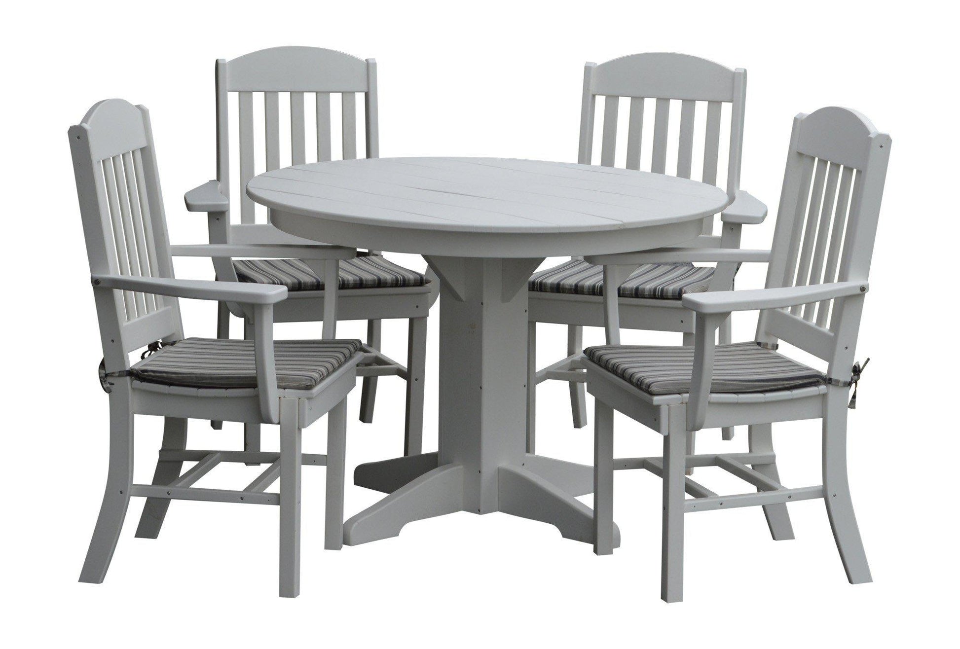 A&L Furniture Recycled Plastic Round Table with Classic Dining Chairs w Arms 5 Piece Dining Set - White