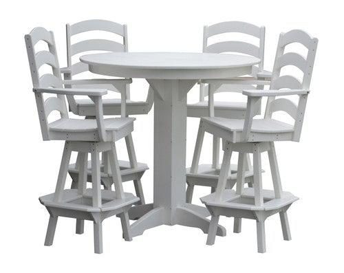 A&L Furniture Recycled Plastic 44in Round Bar Height Table with Ladderback Swivel Bar Chairs 5 Piece Set - White
